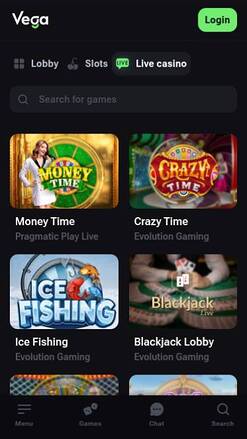 Screenshot der mobilen Live-Seite von VegaBet Casino