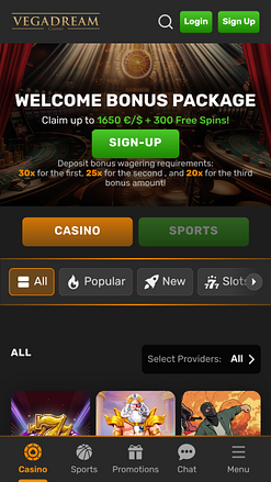 Page d'accueil mobile du casino Vegadream
