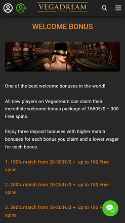 Vegadream Casino Mobile Welcome Bonus