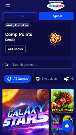 Page d'accueil mobile du casino Vegas Days