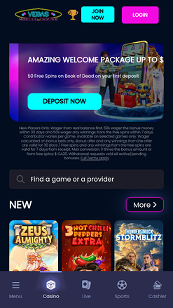 Page d’accueil mobile du casino Vegas Mobile