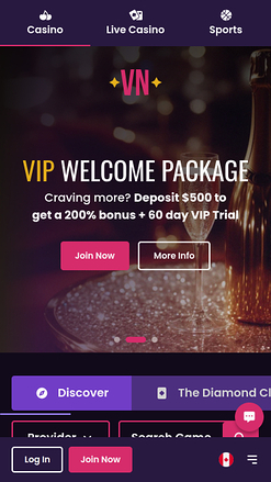 Page d'accueil mobile du casino Vegas Now