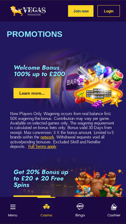 Promotions mobiles de Vegas Paradise Casino