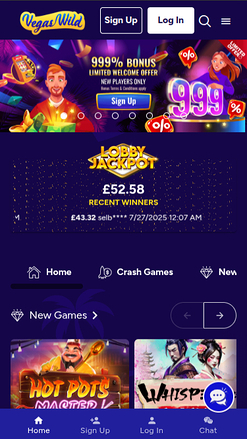 Page d'accueil mobile de Vegas Wild Casino