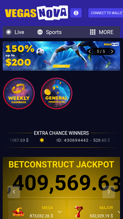 Page d'accueil mobile de VegasNova Casino