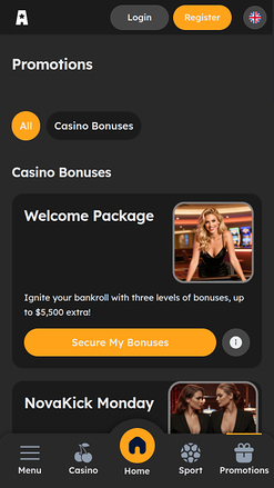 Promotions mobiles de VegasNova Casino