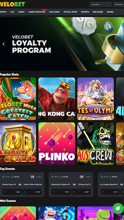 Page d'accueil mobile de Velobet