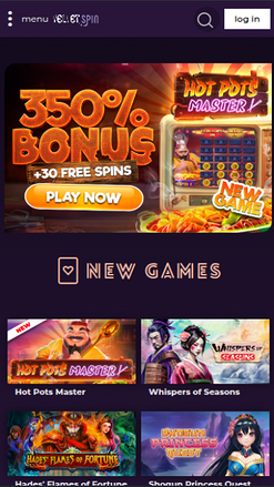 Page d'accueil mobile de Velvet Spin