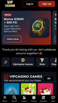 Screenshot der Startseite von VipCasino für Mobilgeräte