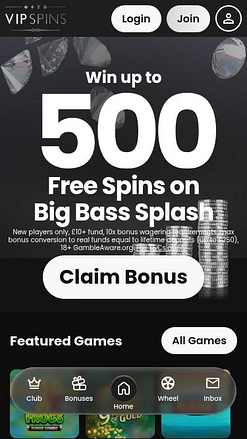 VIP Spins Casino Mobile Homepage