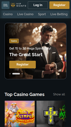 Page d’accueil mobile de VipMonte Casino