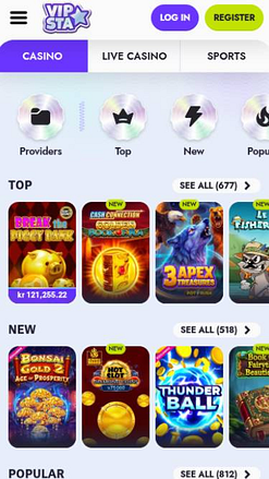 Capture d'écran de la page mobile des jeux du casino Vipsta