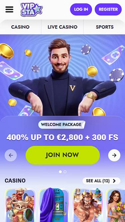 Capture d'écran mobile de la page d'accueil du casino Vipsta