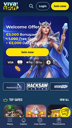 Página inicial do Vivaspin Casino para dispositivos móveis