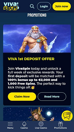 Promoções do Vivaspin Casino para dispositivos móveis