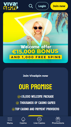 Homepage screenshot of Vivaspin Casino for Mobile