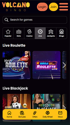 Croupier en direct mobile de Volcano Bingo Casino