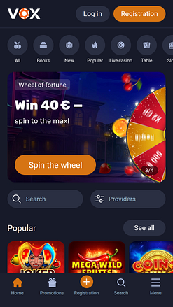Page d'accueil mobile de Vox Casino