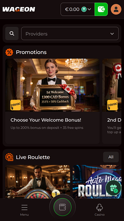 Homepage mobile di Wageon Casino
