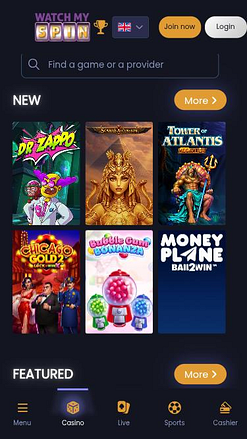 WatchMySpin Casino Mobile Homepage