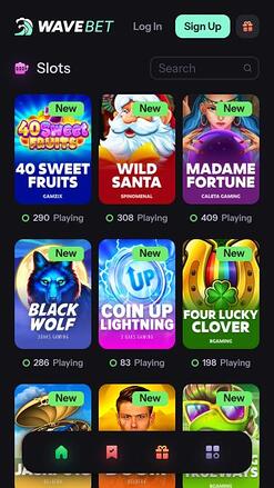 Page mobile des jeux de casino WaveBet