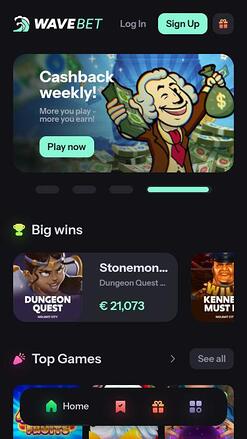 Page d'accueil mobile du casino WaveBet