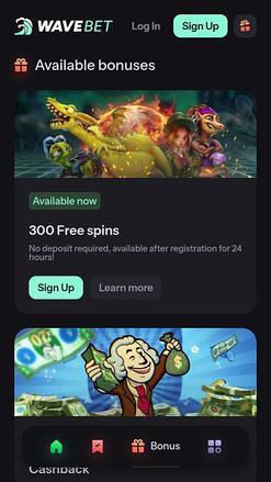 Page mobile des promotions du casino WaveBet