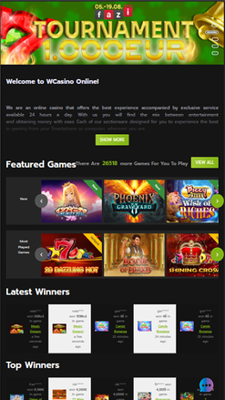 Page d'accueil mobile de WCasino Online