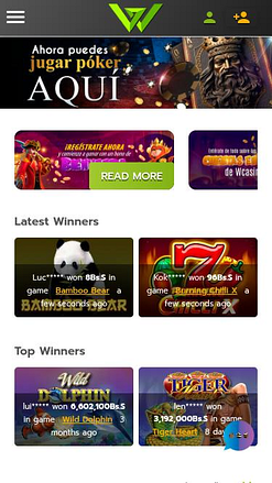 Page d'accueil mobile de WCasino Online