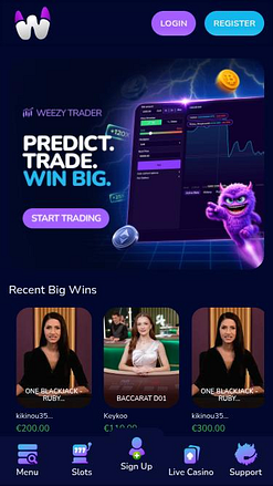 Page d'accueil mobile du casino WeezyBet