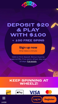 Page d'accueil mobile de Wheelz Casino