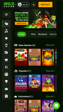 Page d'accueil mobile de Wild Casino