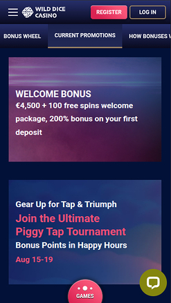 Promotions mobiles de Wild Dice Casino