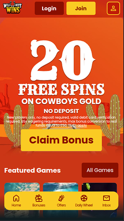 Page d'accueil mobile de Wild West Wins