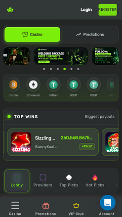 Página de inicio móvil del casino Wilderbet