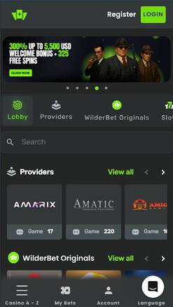 Mobile homepage screenshot of Wilderbet Casino