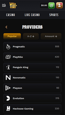 Wildsino Casino mobile Spielentwickler