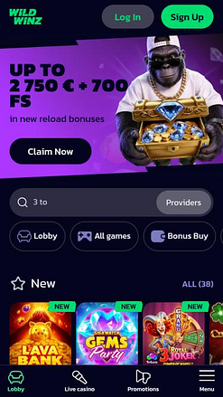 WildWinz Casino mobile homepage