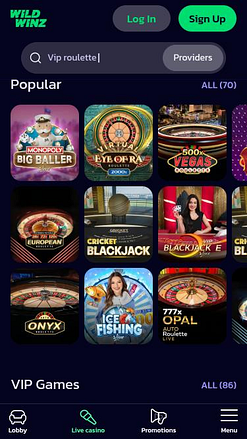 WildWinz Casino live dealer mobile page