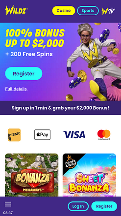 Wildz Casino Mobile Homepage