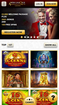 Homepage mobile di Win Unique Casino