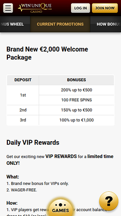 Promozioni mobile di Win Unique Casino