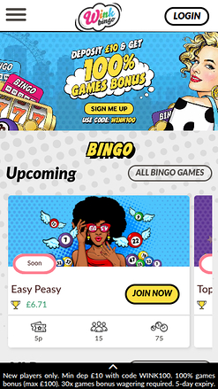 Home page mobile di Wink Bingo Casino