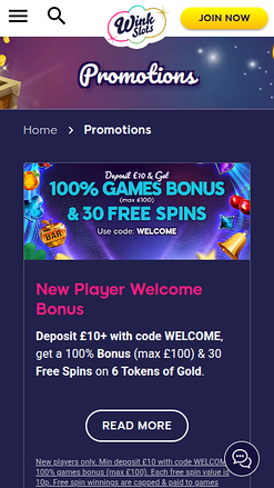Promociones móviles de Wink Slots Casino
