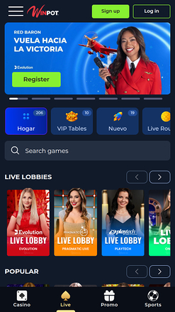 Casino móvil WinPot con crupier en vivo