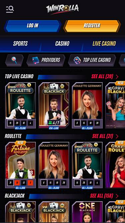 Скриншот мобильной версии страницы WinRolla Casino в режиме реального времени.