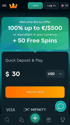 Pagina iniziale mobile di Wins Royal Casino