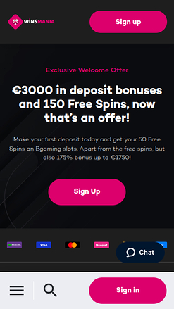 Homepage mobile di WinsMania Casino