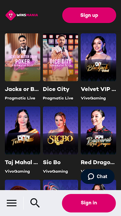 Live dealer mobile di WinsMania Casino