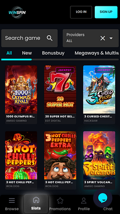 Screenshot della pagina dei giochi per dispositivi mobili di WinSpin Casino